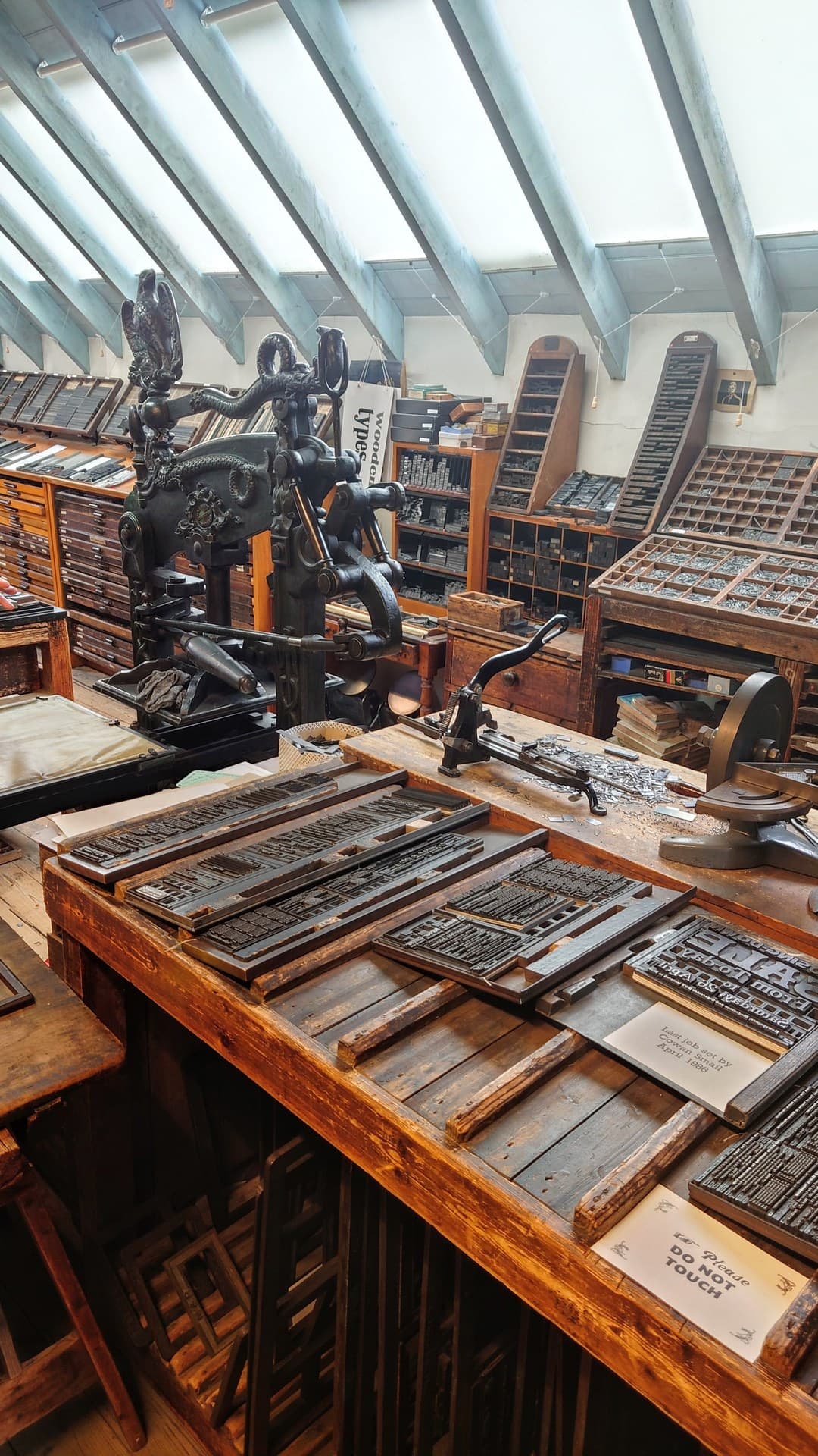Original 1860s Columbian hand press and inked type forms at Robert Smail's Printing Works in Innerleithen