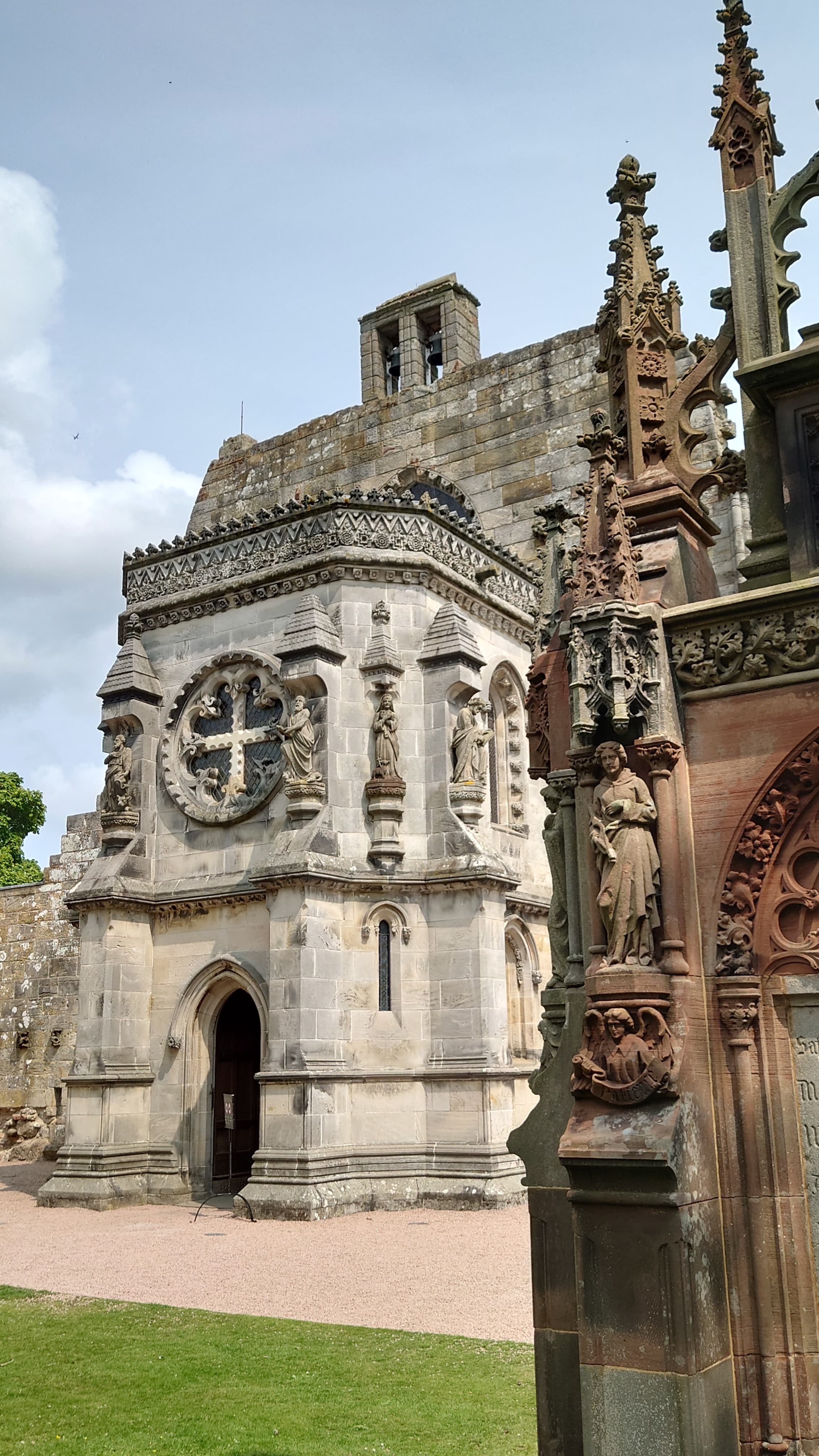 Intricately carved Gothic buttresses and pinnacles of Rosslyn Chapel.