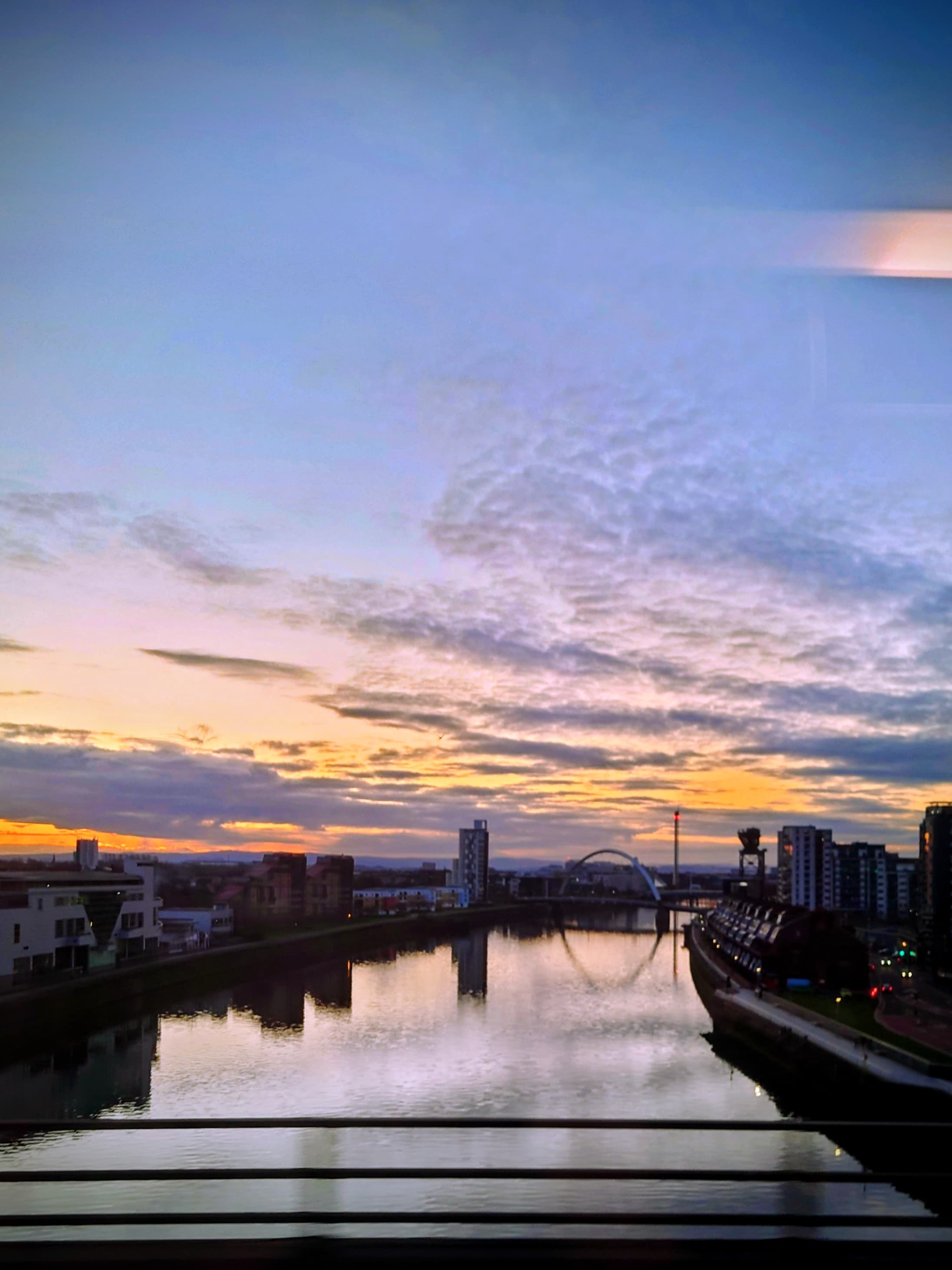 Sunset over the River Clyde with Kingston Bridge in Glasgow
