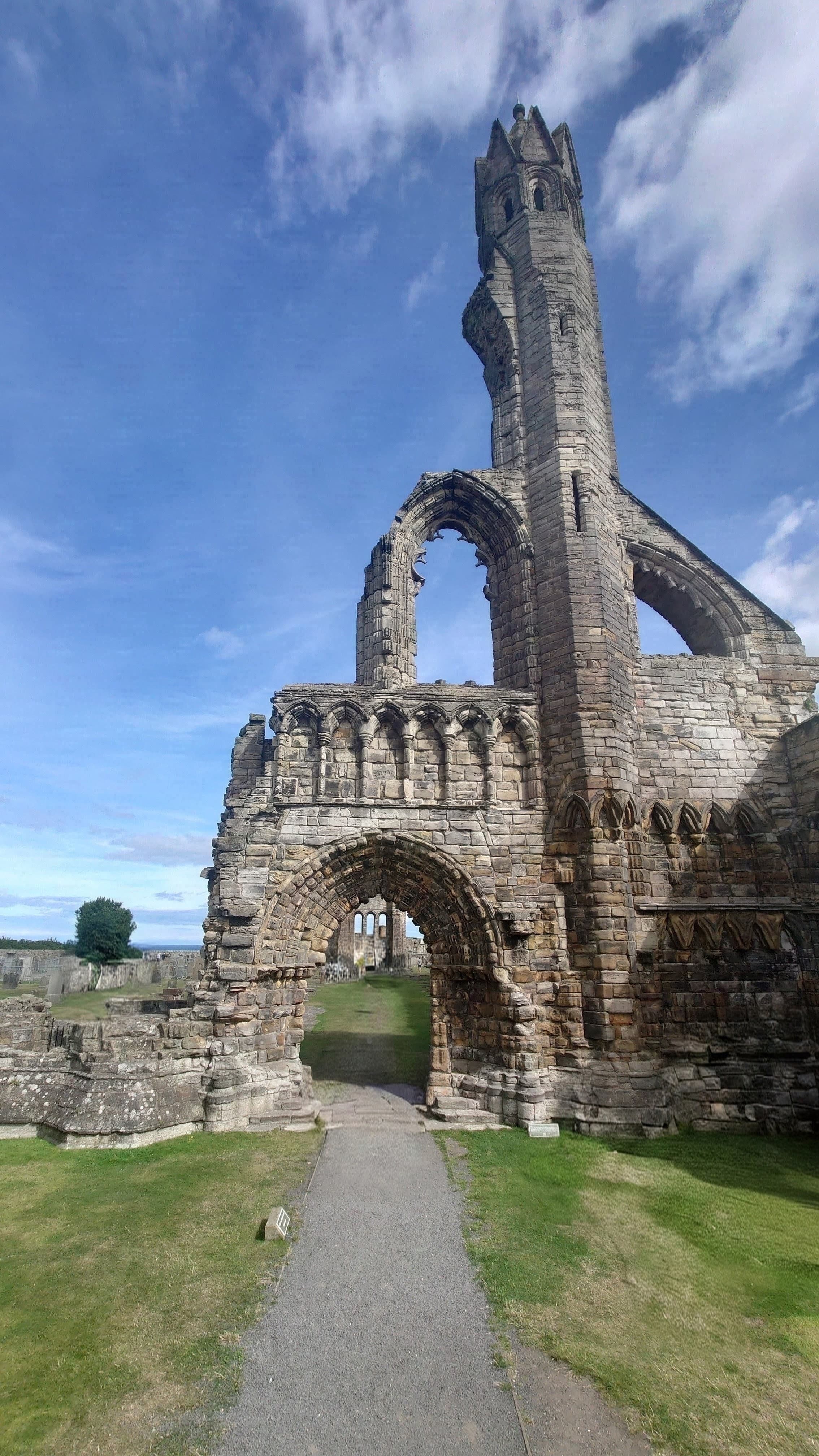 The medieval west front and carved stonework of St Andrews Cathedral.