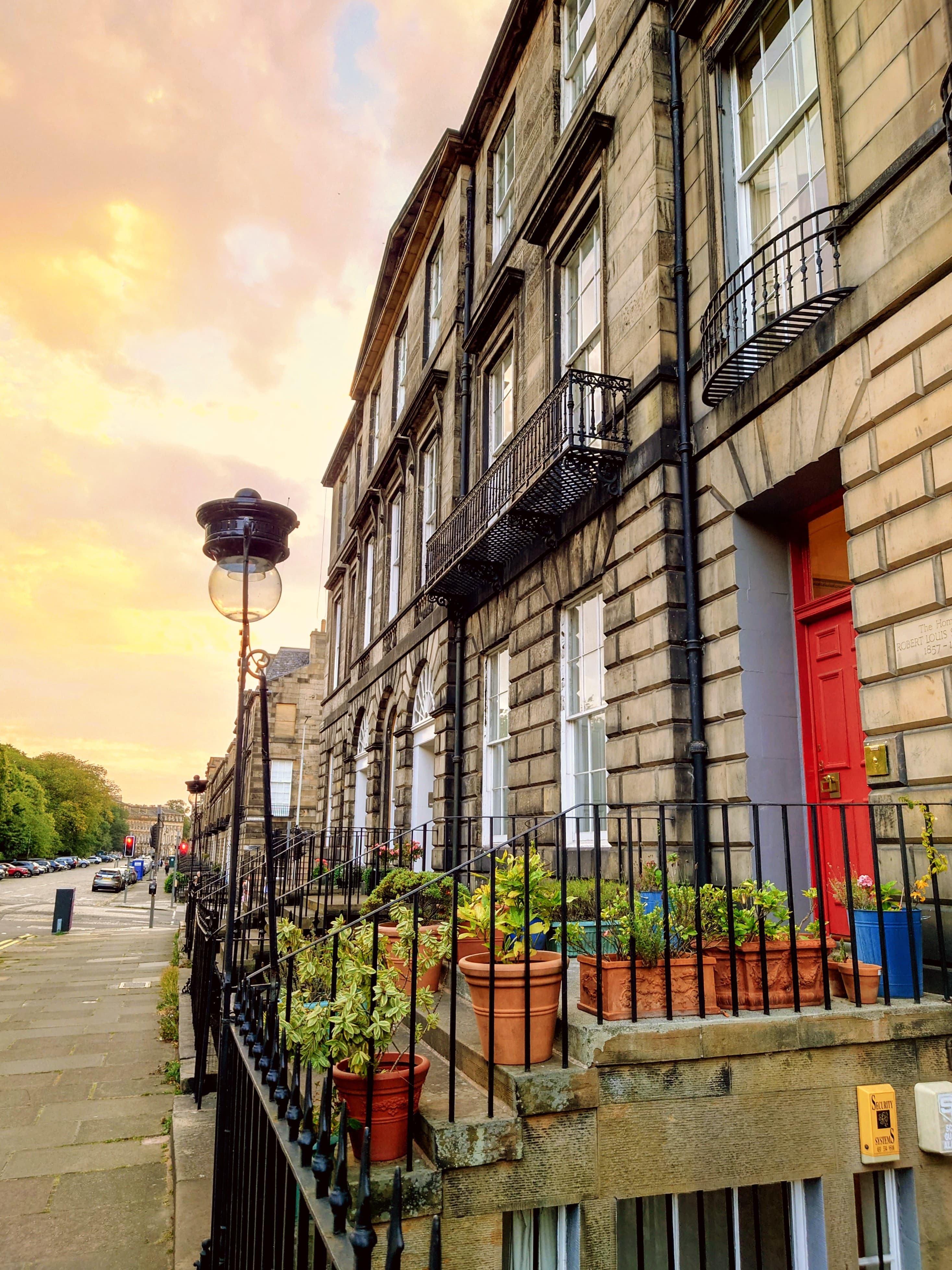 Georgian townhouses and cobbled street along Heriot Row in Edinburgh's New Town