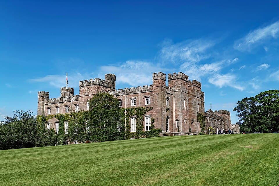Gothic revival facade and castellated roofline of Scone Palace.