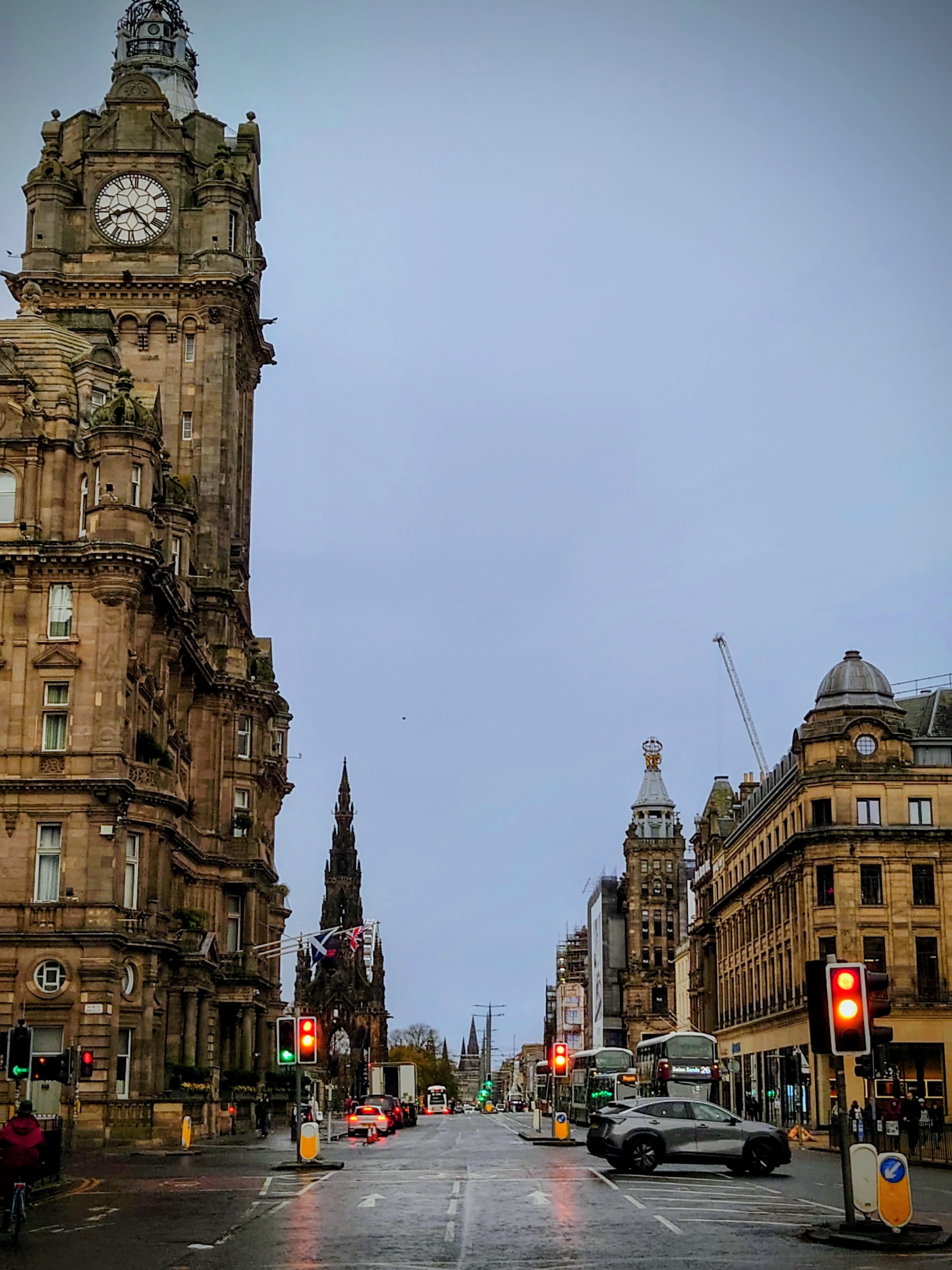 Princes Street looking east with historic architecture and Balmoral clock tower