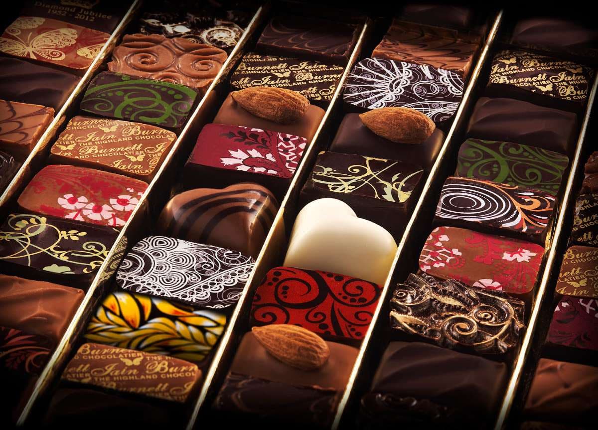 Artisan gourmet chocolates displayed at The Highland Chocolatier workshop in Grandtully