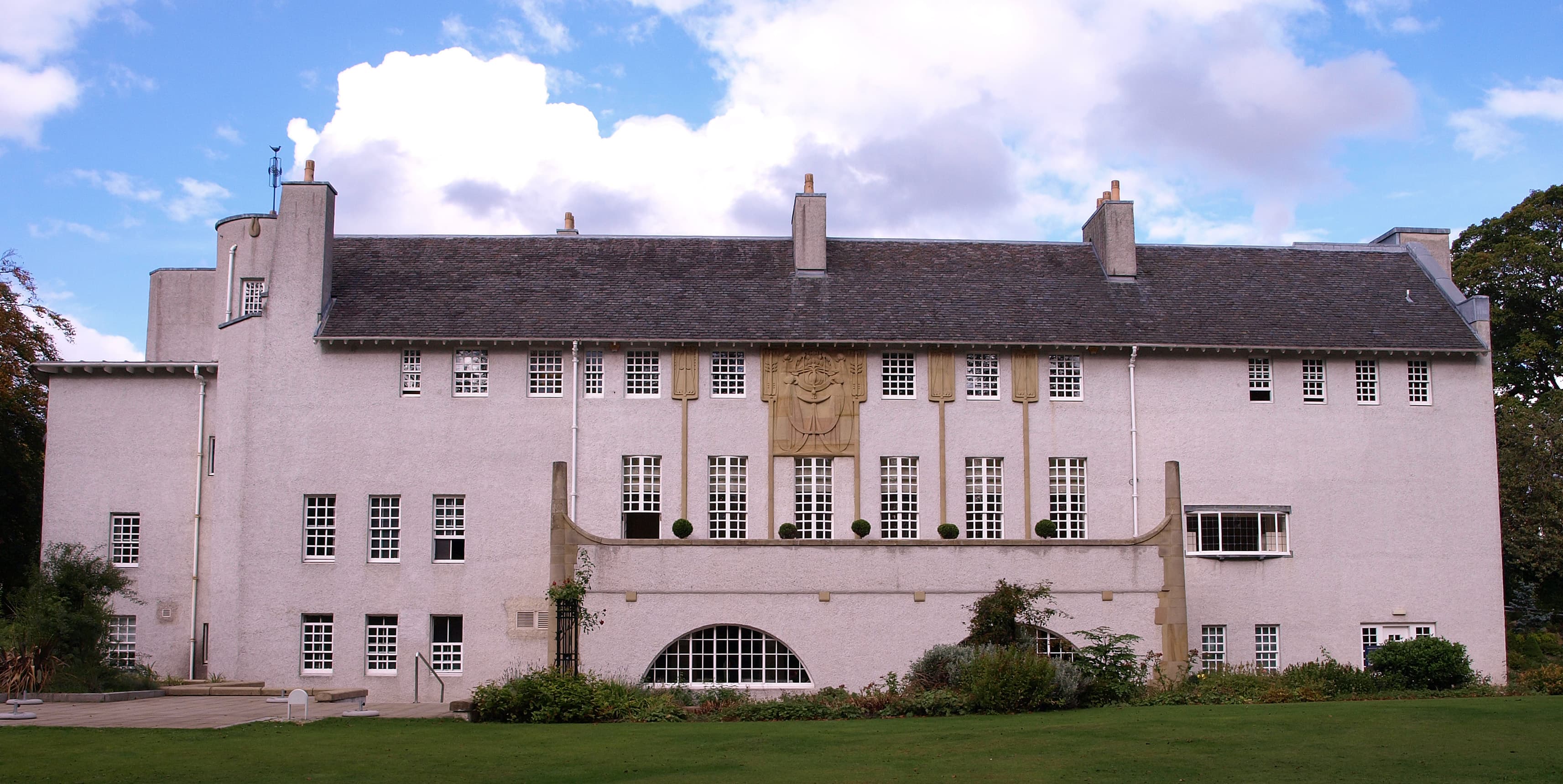 Distinctive white Art Nouveau exterior of House for an Art Lover in Bellahouston Park.