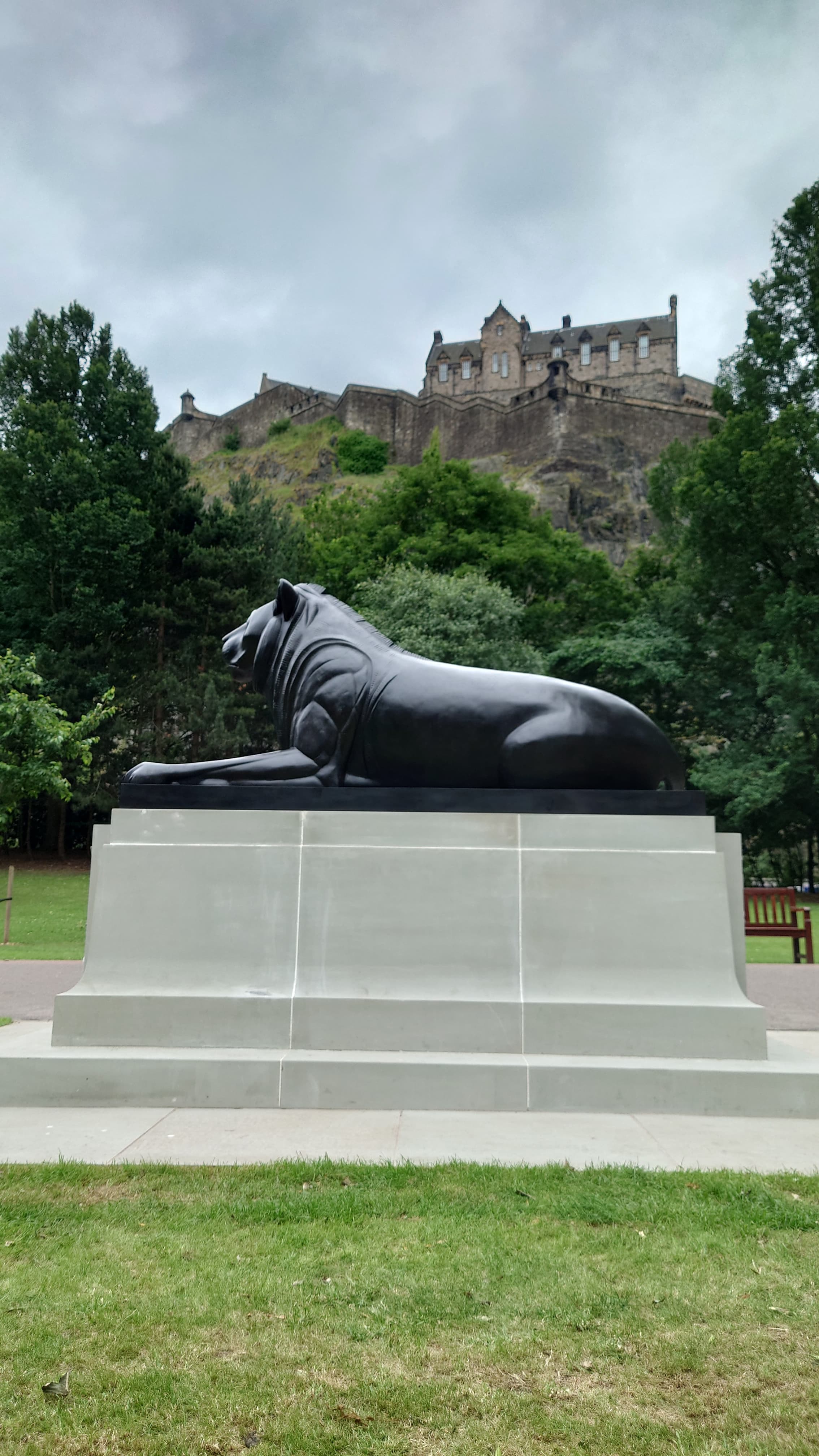 East Princes Street Gardens lion sculpture with Edinburgh Castle beyond